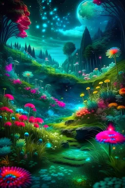Landscape in a magical place with neon flowers and tiny fairies all in photography art