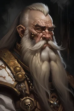 Portrait painting of a warhammer 40k warrior, human, long white heard, long white beard, grumpy