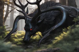 Black Shadow symbiote in 8k realistic anime e drawing style, close picture, Deer them, neon color, antlers deer, intricate details, highly detailed, high details, detailed portrait, masterpiece,ultra detailed, ultra quality