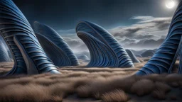 An endless steppe undulating with Hills covered in 10 ancient white oaks glowing with blue magic. h . r. giger. fantasy concept art, exquisite realism, a masterpiece, dynamic lighting, hyperdetailed, intricately detailed, deep color, Unreal Engine, volumetric lighting , Epic cinematic brilliant stunning intricate meticulously detailed dramatic atmospheric maximal,