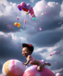 Ultra realistic speed clouds sky scene, wide angle view, child falling down with many Children background, inflatable monsters, circus dress style, feather color, free jumping flying, many trinkets, hair monster, many jelly beans, balls, color smoke, smile, happy, extreme, wind, clouds sea, 20,000 feet altitude, stratosphere, soft color, highly detailed, unreal engine 5, ray tracing, RTX, lumen lighting, ultra detail, volumetric lighting, 3d, finely drawn, high definition.