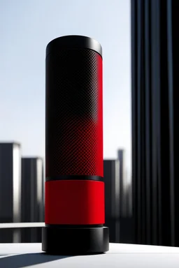 portable speaker, form inspired by merdeka 118 tower , architecture form, modern design style and black and red color