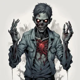 Zombie in a dystopia making the heart sign with his hands, concept art, ultra clear, ultra fine, artistically dramatic, complex contrast, modern comic book illustration, "The Walking Dead " aesthetic