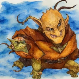 dungeons and dragons, fantasy, goblin, king, ochre skin, watercolour, blue nose, figure, pose