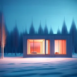 analog film style - small front elevation of a centered minimal house squared off and centered in frame on a landscape at night lit by ambient twilight. The house is dimly cool lit from the inside, casting a soft glow on the fresh snow around it. The background features tall, icy trees shrouded in a northern lights, with subtle hints of snow falling silently. The scene is quiet and still, evoking a sense of liminal isolation in the midst of a cold winter's evening.