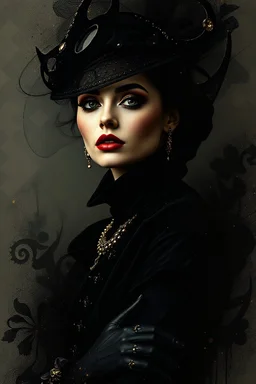 surreal fantasy magic fashion portrait, abstract art, surreal fantasy mixed media, raised amazingly beautiful fantasy fashion extravagant elegance lady portrait, film noir mood, cinematographic, dramatic, deep rich black colors, magic lighting, minimalism, few gold accents, vintage retro France mood,