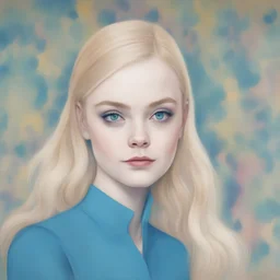 Elle fanning in the style of Margaret Keane, huge blue eyes, bright colors