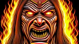 4K, ultra detail, full realism portrait of Eddie Iron Maiden logo full face flames in the background