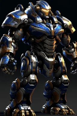 Ironclad stands at an imposing 8 feet tall and is heavily armored with a combination of sleek metallic plating and blue energy accents. His waist is snatched. His design is like Nullsector from Overwatch