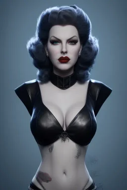 Lana Turner as evil queen in black leather, leather, busty, cleavage, angry, stern look. character design by cory loftis, fenghua zhong, ryohei hase, ismail inceoglu and ruan jia. unreal engine 5, artistic lighting, highly detailed, photorealistic, fantasy