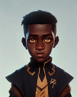 Portrait of a gorgeous black skinned toddler warlock boy with dark hair by Jim Kay