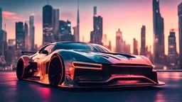 a concept future drift car in a big city , engraved body kit, neon skyscrapers in focus, sunset