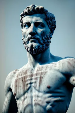 Ultra Realistic image, roman sculpture, deluxe white marble material, otamendi soccer player, Renaissance style, miguel angel style, chisel style, emperor, waist up portrait, epic, celestial, cinematic lighting, God light, god rays, 4k resolution, smooth details, ornate details, unreal engine 5, blue sky background.