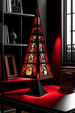 gaming table lamp inspired by burj khalifa tower buliding architecture futuristic-modern stlye. geometric form, red and black color scheme