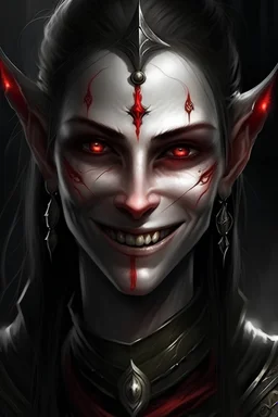 Portrait of a not Realistic Evil warrior leader she-elf smiling, red eyes