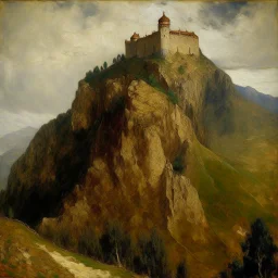 A brown fortress on a mountain painted by Claude Monet