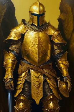 1970's dark fantasy cover dnd style oil painting of a golden armor hero with sport outfits with minimalist far perspective. Magazine.