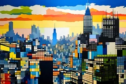 Cityscape with Hotel Silhouette: Detailed oil paintings depicting the bustling cityscape of Tokyo or another Japanese city, with the silhouette of the white blocky modern hotel's unique architecture prominently featured against the skyline, Tokyo Tower being visible.