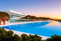 Sunset algarve in quinta do lago, one straight line building of 250 meters long modern luxury architecture with pool on rooftop, with green roofs and sun loungers next to pool, on the left side overlooking far away tennis sport facility and inserted in the Ria Formosa Natural park, on a slope with pinus pinea, a wrap around low speed veicular road