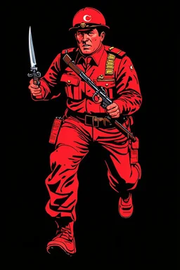 Turkish soldier(uniform and face based on racist steriotypes) running towards viewer, a knife i one hand, and a gun(barrel pointing at viewer) in the other. blocky retro 1960's jack kirby style poster in monochrome with white background