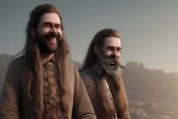 Laughing braided long haired bearded tall man wearing rugged long merchant's coat, medieval fantasy