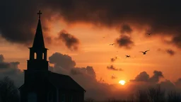 Hyper Realistic Church At The Bottom Corner Of The Image With Cloudy Sunrise of about 9 am with silhouettes of few birds flying showing dramatic & cinematic Ambiance.