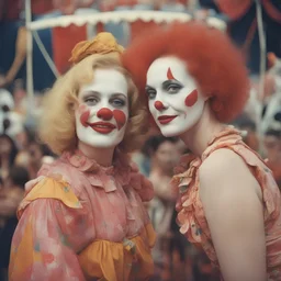 A woman , freckles, with a clown at the circus, 1970s, red, orange, pink, golden