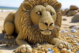 lion made of pebbles in sand