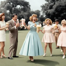 This image captures a comical moment in a 1960s park, where a woman surprises with her dress lifted by the wind while holding an ice cream. In the background, other characters observe the scene with curiosity. Ideal for content about retro humor and sixties fashion.