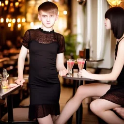 Russian guy boyish boylike short man's haircut boyish features in black girlish lacy cocktail dress in restaurant