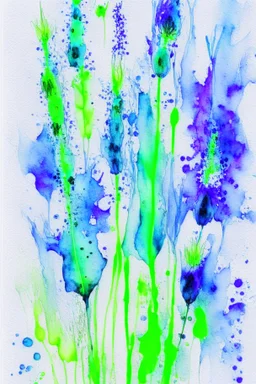 Abstract wet watercolour, blue green stalks delphiniums,