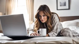 realistic photo about a woman hiding under the bed and working on a laptop, she has half-length brown hair and wearing pajamas , pale light, half socks and a mug of coffee next to her, high detalied, sharp focus, high realistic photo, perfect shot