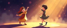 illustration of children playing and dancing. fantastic lighting, chaabi children's book proportions
