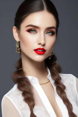 model shoot style, full shot body, accent lighting, detailed eyes, eye shadow, 20 years female, shirt ,intricate shirt, cleavage, (open shirt:1.4), (colorful paint stains on clothes:1.4), palette, sneer, leaning on table, read hair,braid, intricate skirt,red lips, (hand_on_hip:1.2), professional, trending on ArtStation, Intricate, High Detail, Sharp focus, dramatic, photo realistic painting art fine details, illustration, masterpiece, best quality, highres, exquisite