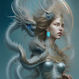 sango fantasy, fantasy magic, intricate, sharp focus, illustration, highly detailed, digital painting, concept art, matte, artgerm and paul lewin and kehinde wiley, masterpiece silver dragon head copper Asain African nice breast Afo woman turquoise waves