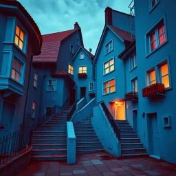 Fotografia di strada assurda e falsa orripilante blu weirdcore dai colori vivaci, liminalcore. Escher. Confusione geometrica. Scale che scendono. Yves Tanguy. Non luogo falso, inusuale. Le case sono false e dipinte di nero chiaro con cose stilizzate e dettagli. Ci sono finestrelle false quadrate, che danno un senso distopico e molto surreale, disposte in modo casuale. L'atmosfera generale sembra noiosa e onirica, con un contrasto tra elementi reali ed elementi dipinti falsi, René Magritte