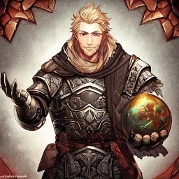 A nord male battlemage from Skyrim, full plate nordic armor, blond hair of medium length, hearty, smiling, thick short beard, an electric sphere in right hand, correct proportions