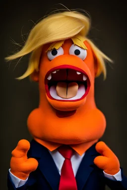 a Film Photograph of a realistic angry orange Donald Trump Muppet made of felt and foam wearing a dark blue suit and red tie and with blonde hair combover, he is old and angry with a round mouth