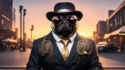 a suave gangster pug with black sunglasses and a suit outside a club. sunset. intricate details. Big glass city background. natural tones. gold curb chains, fedora.