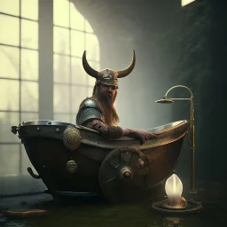 A viking having a bath, scary, steam punk, realistic, made in octane, cinematic, ultra-realistic, extremely detailed octane rendering, 8K, VRAY Super Real ar 2:3, dof photorealistic futuristic 50mm lens hard lighting dark gray tintype photograph, realistic lighting, sepia color