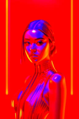 A cyberpunk portrait of beautiful young girl with red dress with a red light reflecting in their cybernetic enhancements.red background all are red