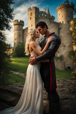 A photo realistic portrait of a stunning blonde girl and muscular dark haired man in a lovers embrace standing in front of a medieval castle