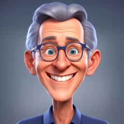 a portrait of smiling wise western man. 40 years old. caricature. gray short hair. wide forehead. light skin. blue eye pupils. elips eyeglasses, thin silver frame. oblong face shape. wear navy blue formal dress. pixar style. 3D. 4k. portrait. highly detailed. sharp focus. high resolution. full color. cinema lighting. with food background