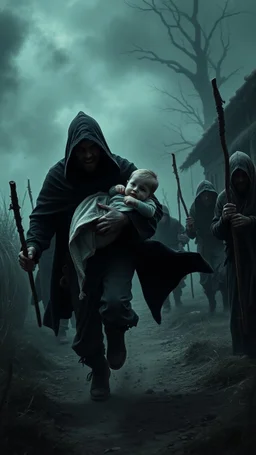 A scary man with black hood carrying a baby and running away in distance from villagers with stick’s chasing the man in dark scary environment