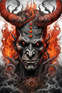 smoking attraktive demon with tattoo in hell, dark magic, light red black and white dark grey , dark steel dark red, orange, grey light orange, dark evening, digital art, dark shadows, smoke, fire, professional photo, photorealistic, highly detailed, masterpiece