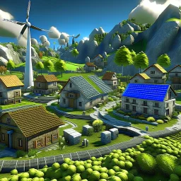 Realistic village with hydraulic, solar and wind power green energy