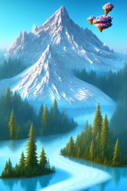 mountain with ice-cream on top, lake, trees, mystical, Post-painterly abstraction