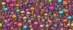 a field of 1000s of cartoonish, anatomically correct, skulls, vivid RANDOM BRIGHT neon colors, dark comedy, well lit, high detail, photorealistic, horrorcore, fun, scary, dead, 100% detail on all drawn, nothing partial or filler, by disney