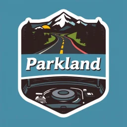 logo for a shop that installs tires and does oil changes, top has elements of beautiful park highway drive, bottom shows the engine under car hood. on hood is written "Parkland", all inside a shield shape with squared top and rounded bottom, in the style of national parks stickers