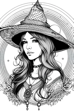 line art, mandala style, fantasy witch girl, women, black and white, no color,
